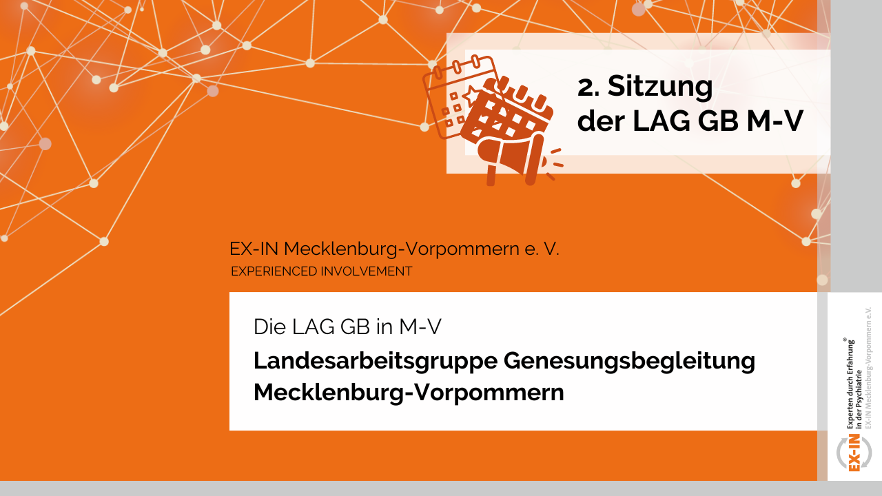 Mehr über den Artikel erfahren 2. Sitzung der Landesarbeitsgruppe Genesungsbegleitung in Mecklenburg-Vorpommern am 28. Juni 2024 (hybrid)