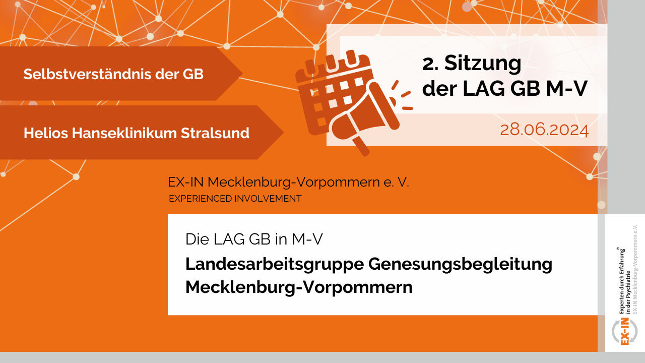 Mehr über den Artikel erfahren 2. Sitzung der Landesarbeitsgruppe Genesungsbegleitung in Mecklenburg-Vorpommern am 28. Juni 2024 (hybrid)