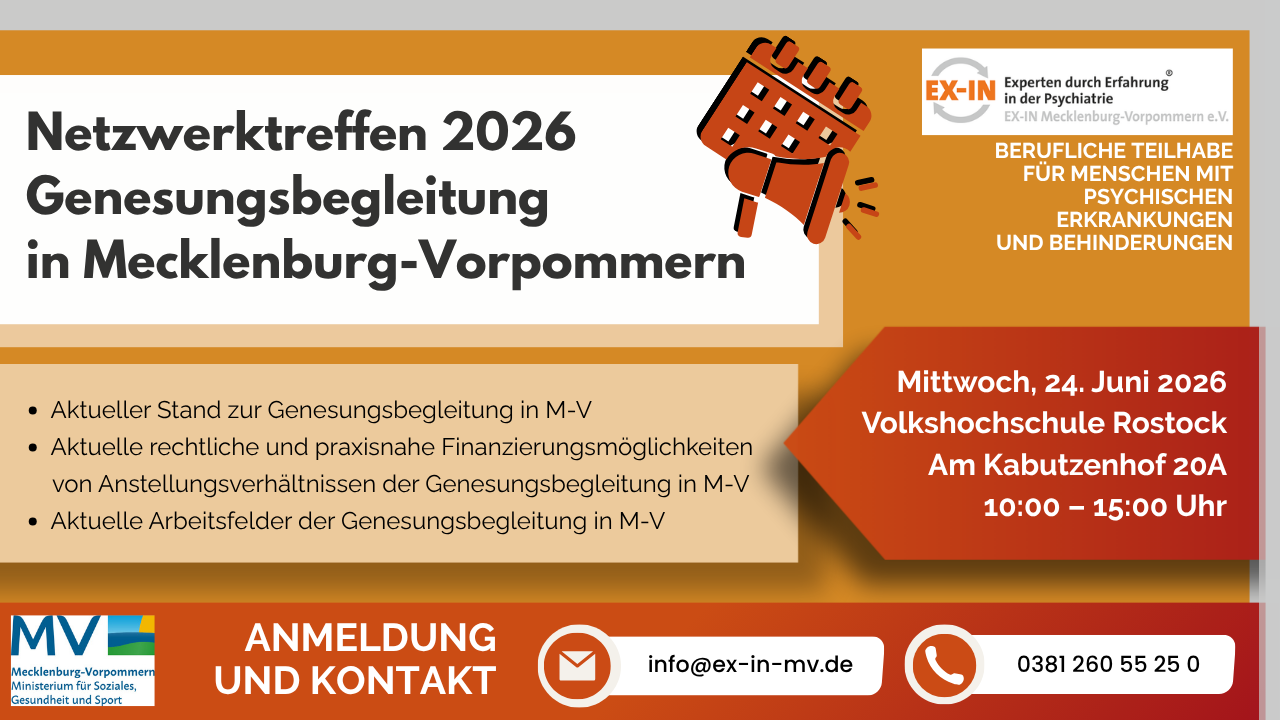 Mehr über den Artikel erfahren EINLADUNG: Netzwerktreffen Genesungsbegleitung in M-V 2026 – 24.06.2026