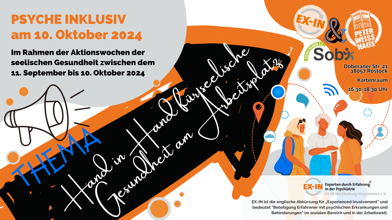 Mehr über den Artikel erfahren PSYCHE INKLUSIV: „Hand in Hand für seelische Gesundheit am Arbeitsplatz“ am 10. Oktober 2024 in Rostock (hybrid)